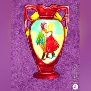 Vtg. German or Austrian MAJOLICA HANDLED VASE: Couple Kissing,5.75",#9793